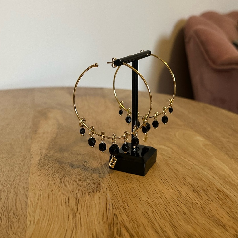 Fendi Gold Hoop Earrings with Black Bead Charms - Picture 4 of 7